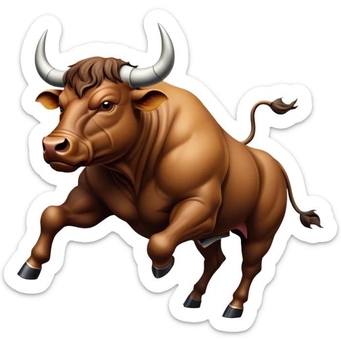 Cinematic Realistic depiction of a powerful Spanish charging bull, rendered with dynamic muscle definition and detailed, textured hide, set against a dramatic backdrop with intense, action-packed lighting sticker