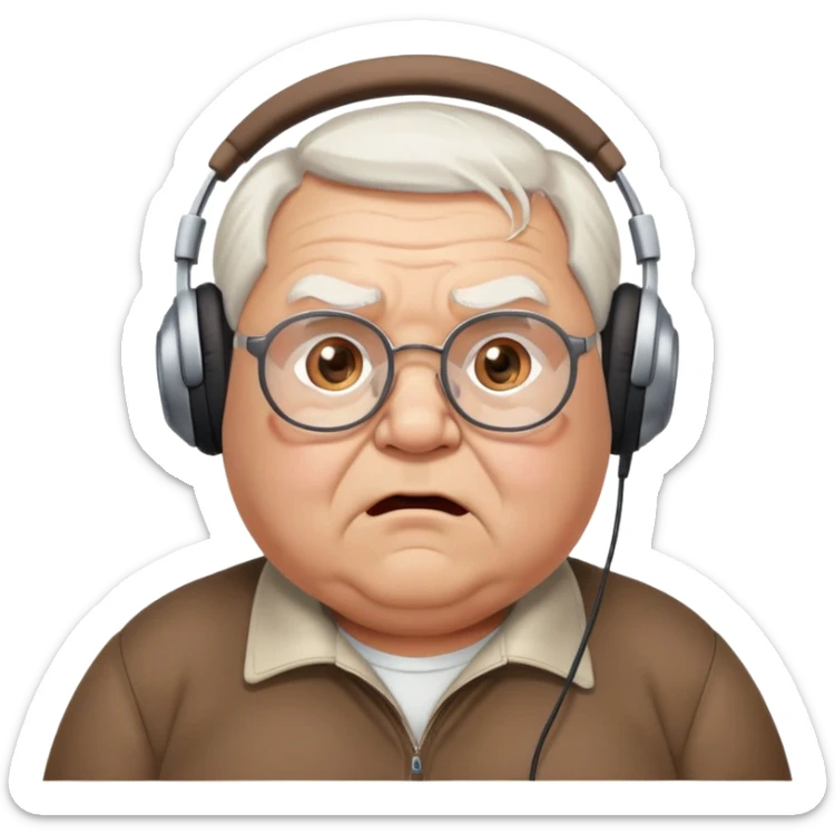 Very chubby brown old man with medium white hair, wearing glasses and headphones, looking surprised and angry, no facial hair, round full cheeks, double chin, looking to the upper left corner sticker