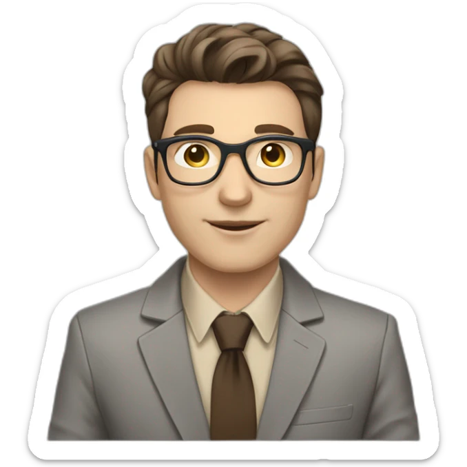 Pale skinned fit man with dark brown hair in gray jacket, beige office shirt, brown tie, brown pants and vintage glasses Writing on the tablet sticker