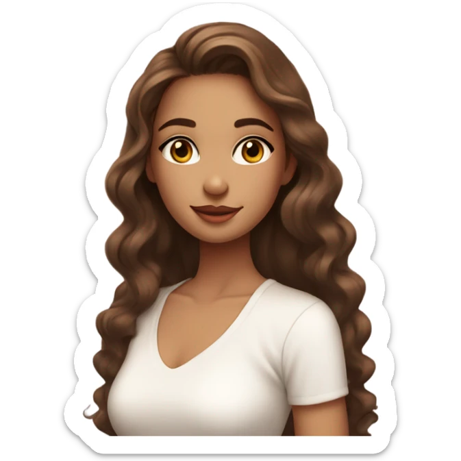 A girl with long, wavy brown hair, glowing skin, soft makeup, wearing a white top, sticker