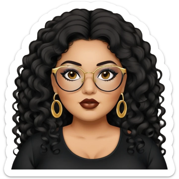 big plus size, latina, darker tan skin, long black curly hair, baddie,pretty, makeup, lipliner, black eyeliner, long hair, gold earrings, black top, black glasses sticker