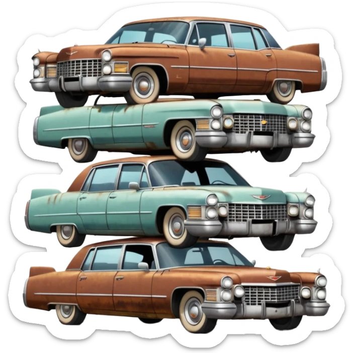 Cinematic realistic ultra HD - old abandoned Cadillac cars stacked in a pile sticker