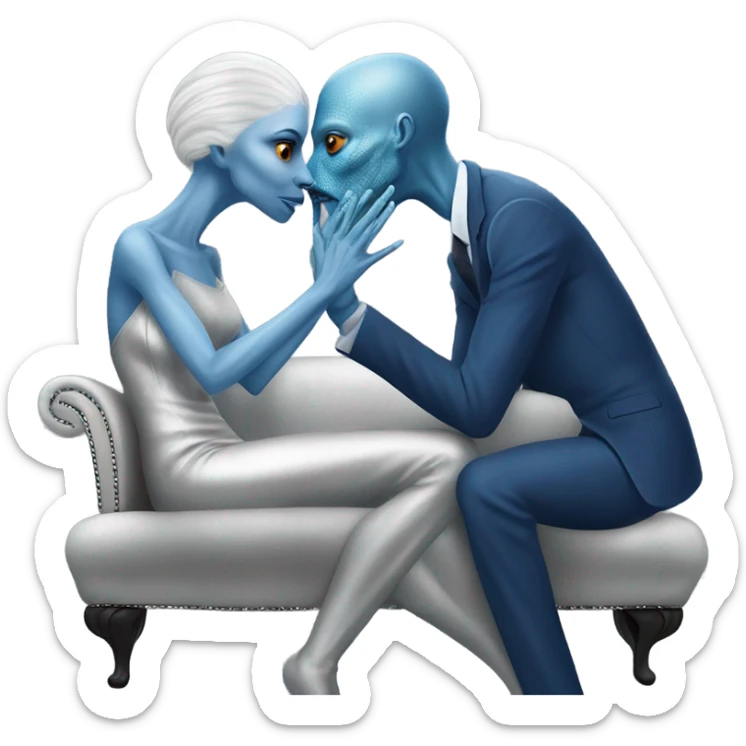 A reptilian alien woman in silver dress kissing human man in blue dress, on sofa sticker