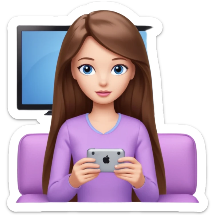 beautiful barbie girl with long brown hair, blue eyes and wearing light purple clothes watching netflix on tv sticker