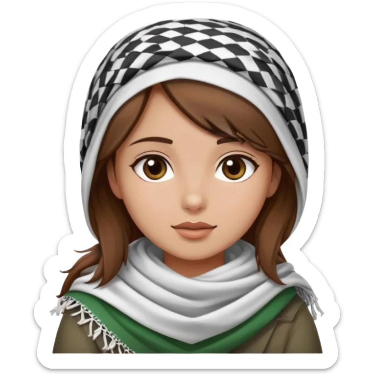 A girl wearing a Palestinian keffiyeh, brown hair, beautiful, and with a wheatish complexion tending towards white  sticker