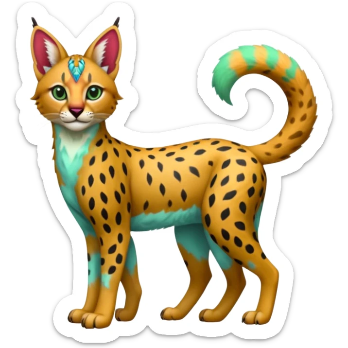 Colorful bluish cute adorable tropical exotic fruity kiwi-green lemony rosy neon-red Caracal-Cheetah-Serval-Snow-Leopard-Trico-Sergal-Vernid-fusion-hybrid-animal-creature, full body, with tribal markings sticker