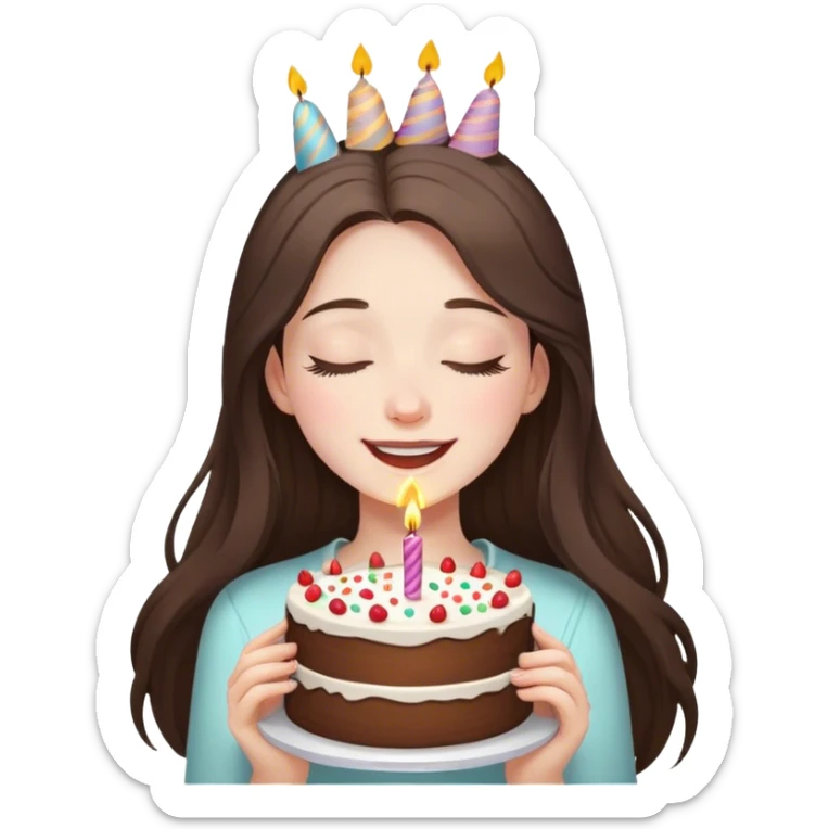 happy beautiful pale brunette girl with long eyes closed hair holding a piece of birthday cake  sticker