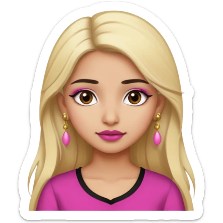 Sweet Indian girl blond long hair darkbrowm eyes brown/pink lipstick pink blush black top gold earrings brown eyebrows  sticker