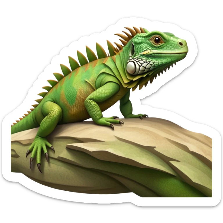 cinematic-iguana-realistic-full-body-basking-emoji,-long-scaly-body-stretched-out,-spiny-ridge-running-down-its-back,-textured-green-and-brown-skin-dappled-with-light,-sharp-intelligent-eyes-studying-the-surroundings sticker