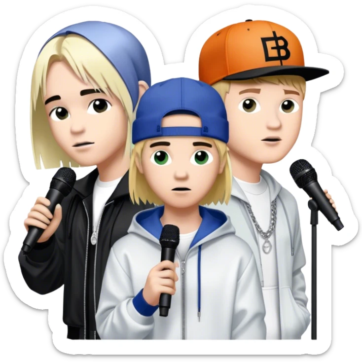 Pop music collage: Justin Bieber, Eminem, Ed Sheeran, and Billie Eilish in signature looks. Stage lights, microphones, and musical notes around them. Transparent background. sticker