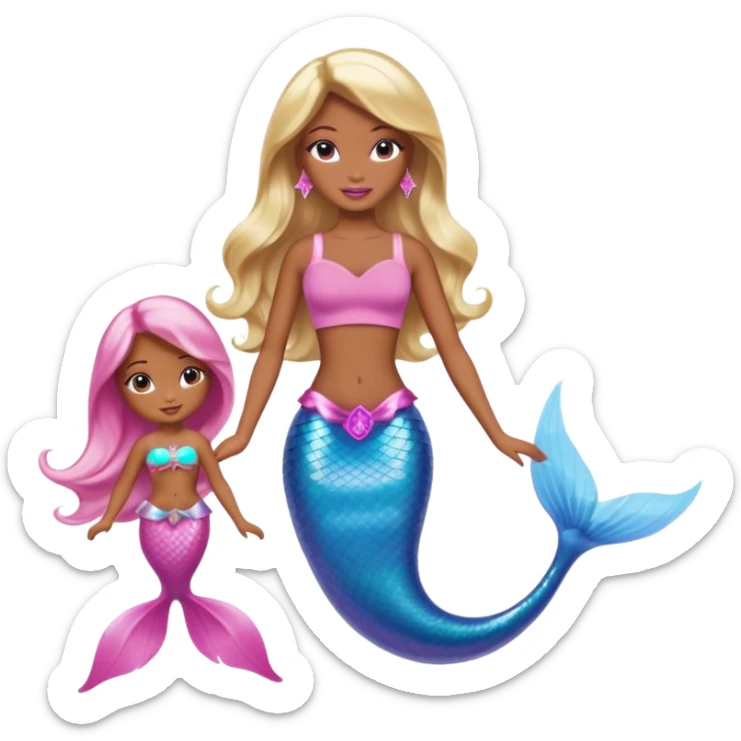 Brown skin blonde hair barbie mermaid with pink dolphin  sticker