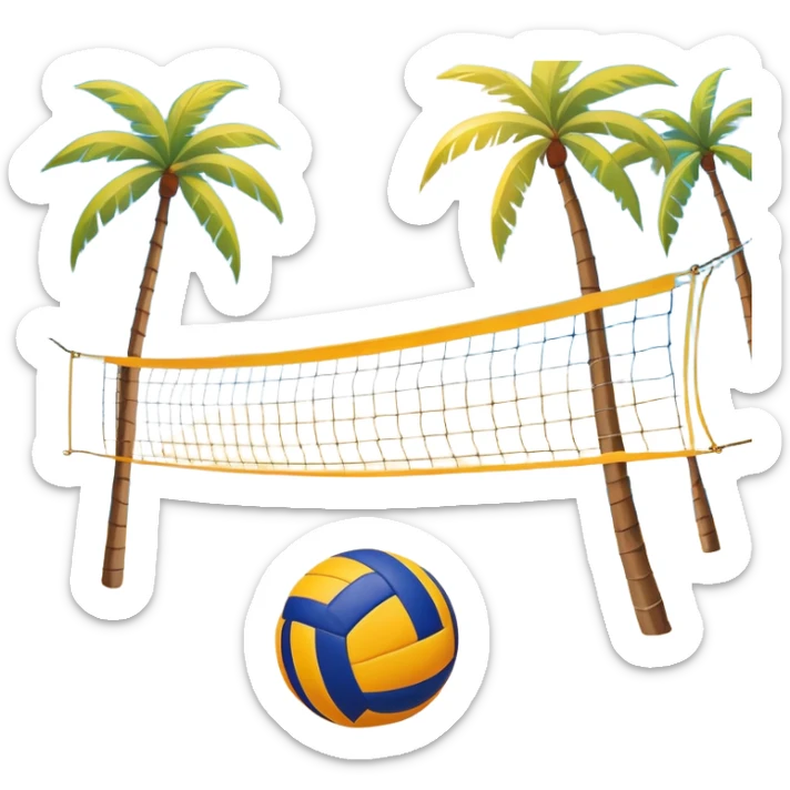 A volleyball resting on the orange sand ground of a beach, with a volleyball net in the background. The scene captures a sunny beach atmosphere with clear blue sea and sky, palm trees swaying, and people in swimsuits enjoying the vibrant surroundings sticker