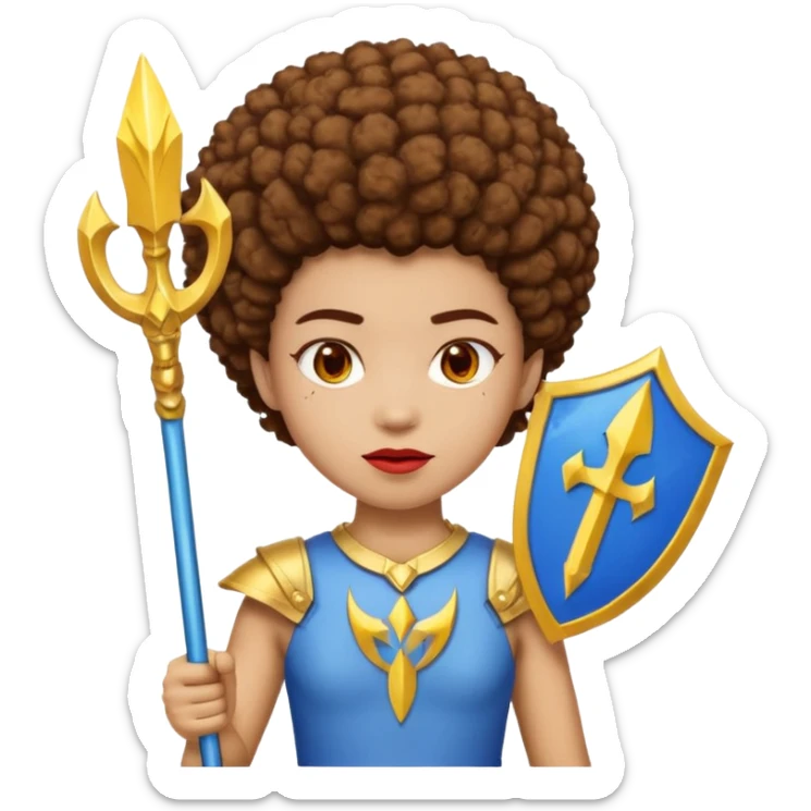 Emoji metisse femboy mais plus masculin avec drapeau ukrainien arriere plan, un afro, sourcils rouge, fourche trident, et eclairs et sur fond bleu clair irrisé. Peau lightskin, yeux marron et cheveux marron bouclés mais en mode afro pixi cut sticker