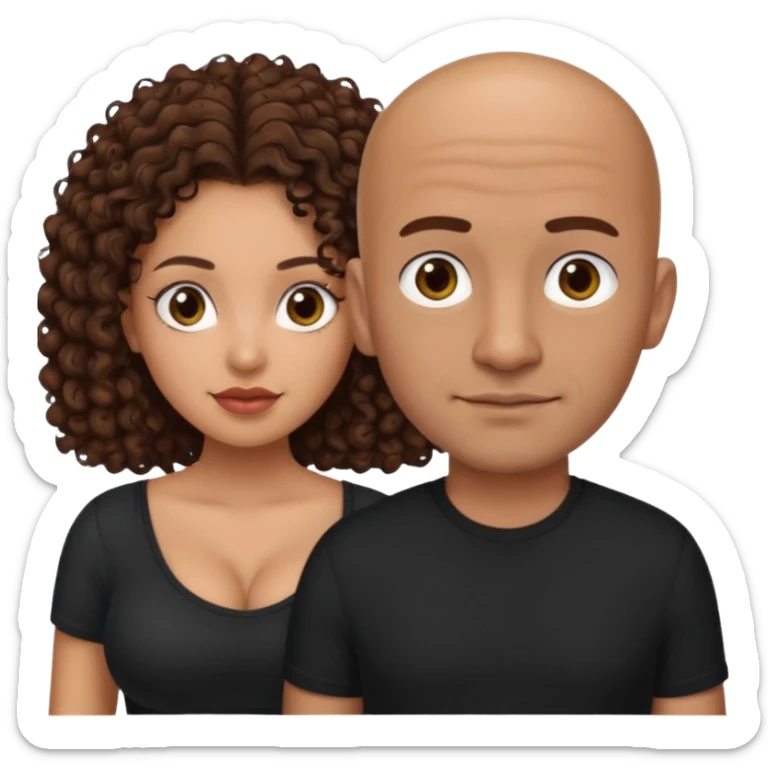 A mixed girl with small eyes, the girl is wearing a black shirt, the girl has brown curly hair and the girl has big boobs. A Mexican man is embracing her, with bald hair and clean shaven sticker