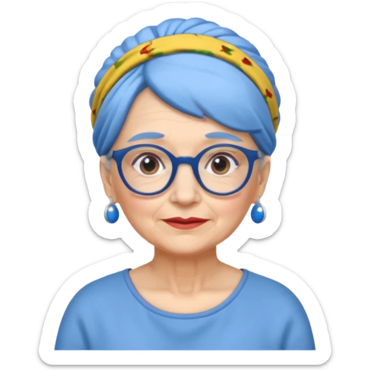 fat old woman with blue bun hair and glassess and headband sticker