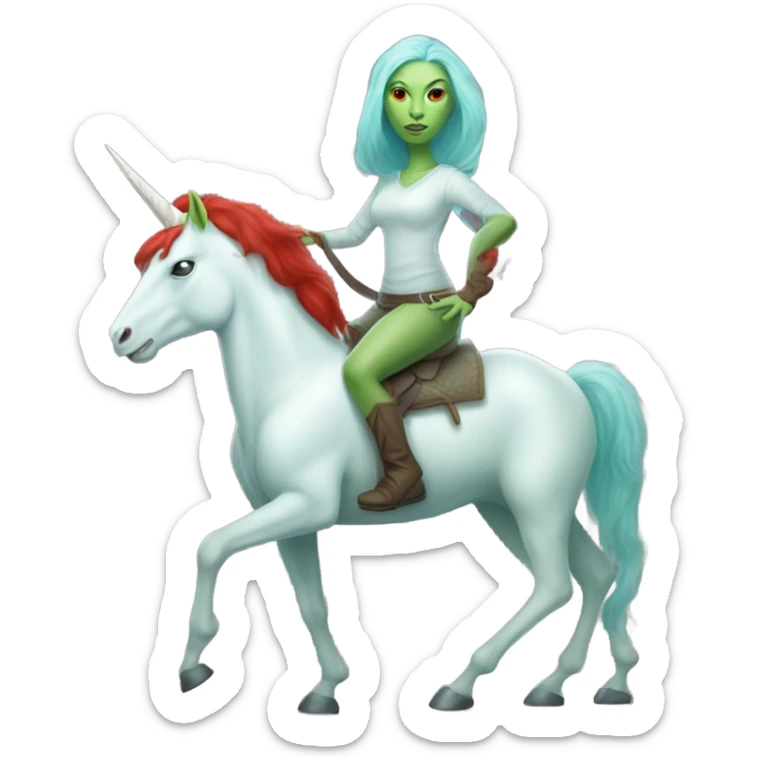 [
	{ woman: alien, color: light green, hair:red, eyes:cat} ]
	on a 
	[{ unicorn: white, legged:six, mane: light blue }] sticker