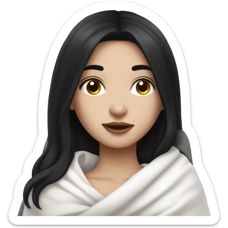 Pale Girl with black hair  laying down cozy in a white blanket sticker