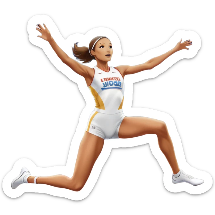 An icon featuring a female high jumper in mid-air, gracefully clearing a bar on a track. She wears a white athletic uniform and appears focused, with the background showcasing a vibrant stadium with cheering spectators and bright lights. Transparent background highlights the elegance  sticker