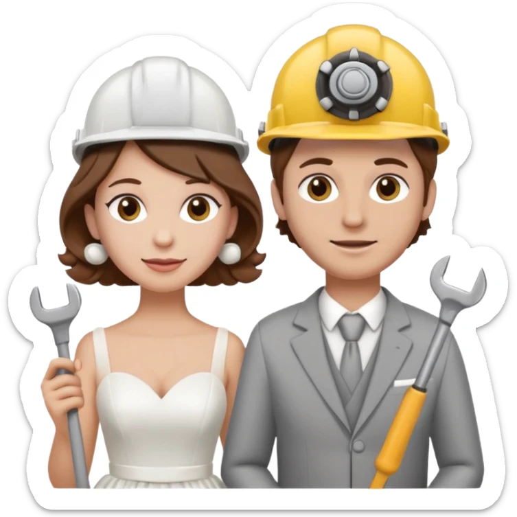 bride and groom couple, both with brown hair, bride has curlers in her hair, both wearing construction helmets and flats, groom holding a tool, emoji style sticker