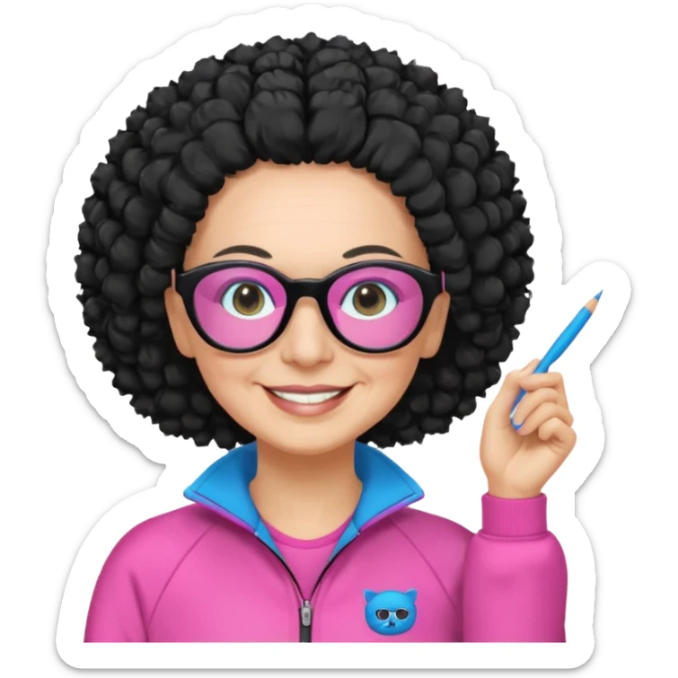 FEMME FRISÉ 60 ANS CHEVEUX NOIR FRISÉ LONG SOURIANTE AVEC CHANDAIL ROSE,   YEUX BLEU ET UN PINCEAU À LA MAIN LA MAIN AVEC 5 DOIGT SEULEMENT ET LUNETTE sticker