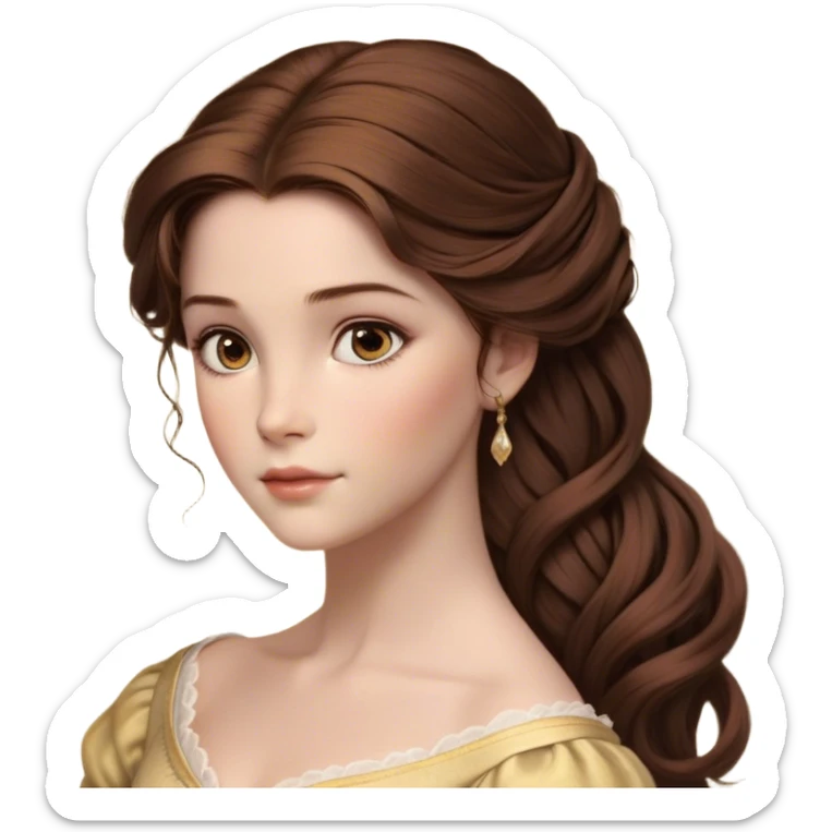 Cinematic Realistic Belle Portrait, depicted with lifelike skin texture, soft natural lighting, and intricately detailed brown hair styled elegantly. Her deep, expressive eyes exude warmth and intelligence, complemented by a serene and graceful expression. She is dressed in her classic attire, with rich fabric textures and delicate folds that catch the light beautifully. The portrait features a soft, enchanting glow with a natural, radiant finish, capturing the essence of timeless beauty in a realistic and painterly style, evoking a sense of depth and authenticity. sticker