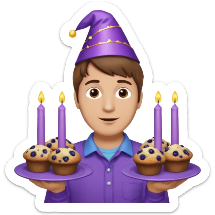 Man with brown hair wearing purple shirt and a party hat holding several blueberry muffins either candles in them  sticker