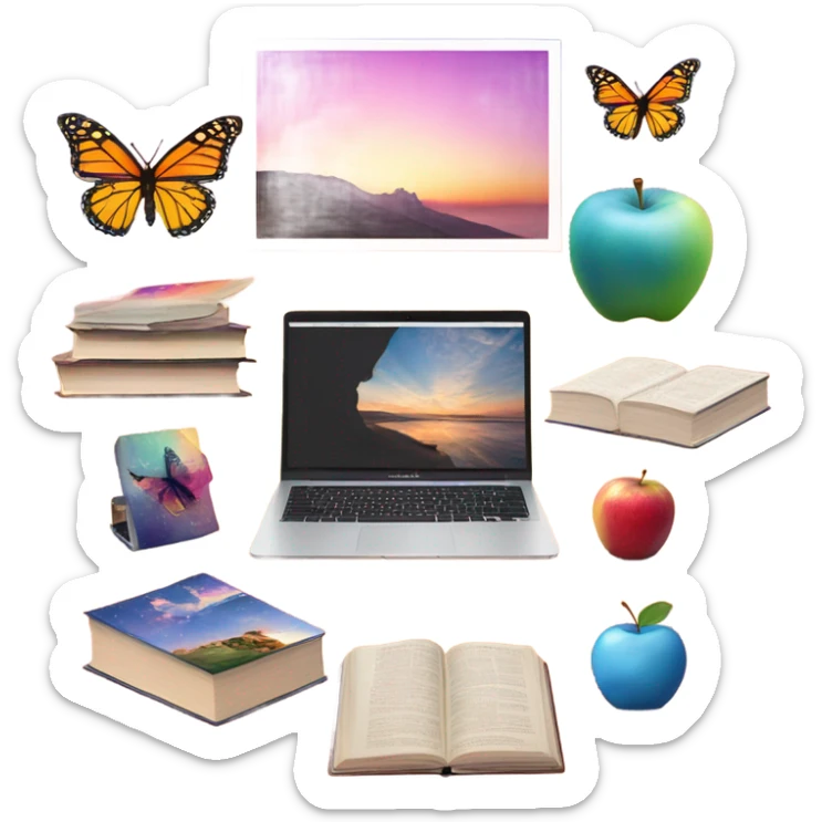 A vision board with images of a Apple laptop, sunrise, books, butterfly  sticker