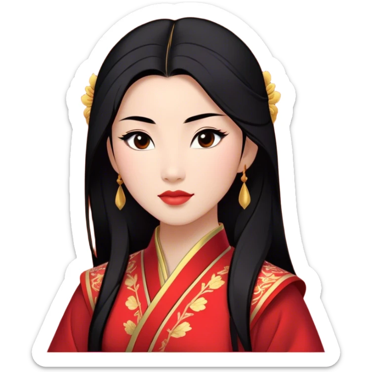 Cinematic Majestic Mulan Portrait Emoji, rendered in a clean, vector-style with bold, simplified shapes. Depict Mulan with a serene, noble expression, warm light skin, and neatly styled black hair, dressed in traditional attire featuring subtle red motifs and gold trim. The image glows with a calm, majestic aura, high shine, and a soft glowing outline, embodying classic elegance. sticker