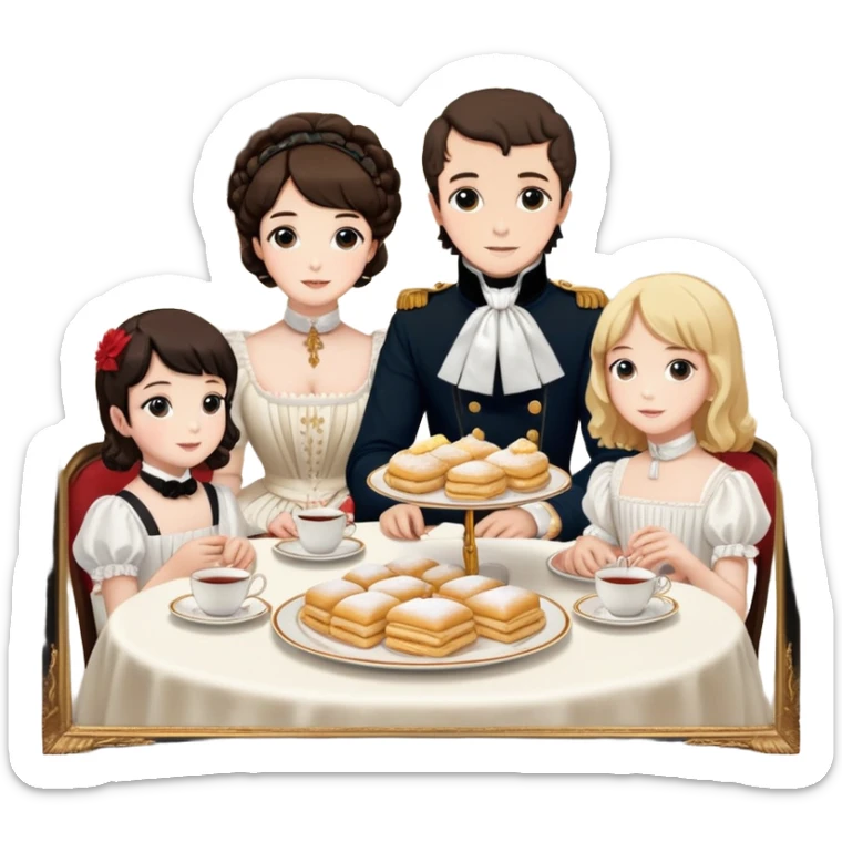 Komşu ve biz masa nın üstünde badambura napalyon pasta çay var   beş tane  kız 1 tane çocuk ama erkek sandalyalerde oturulmuş ama herkes beyaz sticker