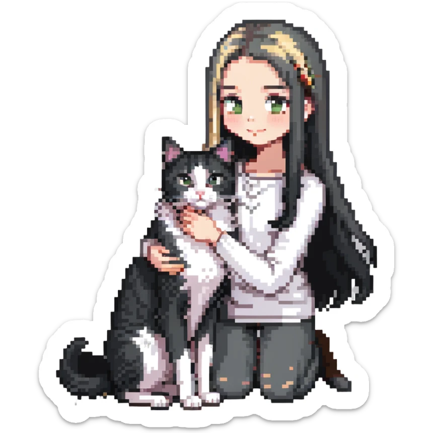 Beautiful girl with long black hair petting a gray and blonde mixed cat sticker
