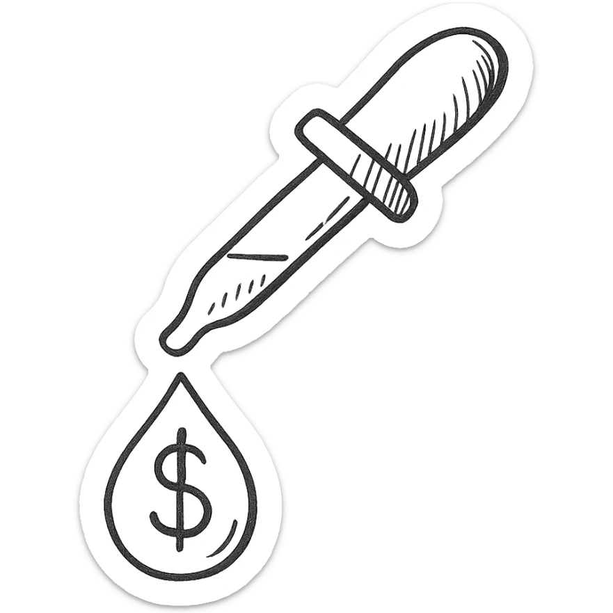 hand-drawn outlined pipette at the top of a golden drop with a dollar sign inside the drop sticker