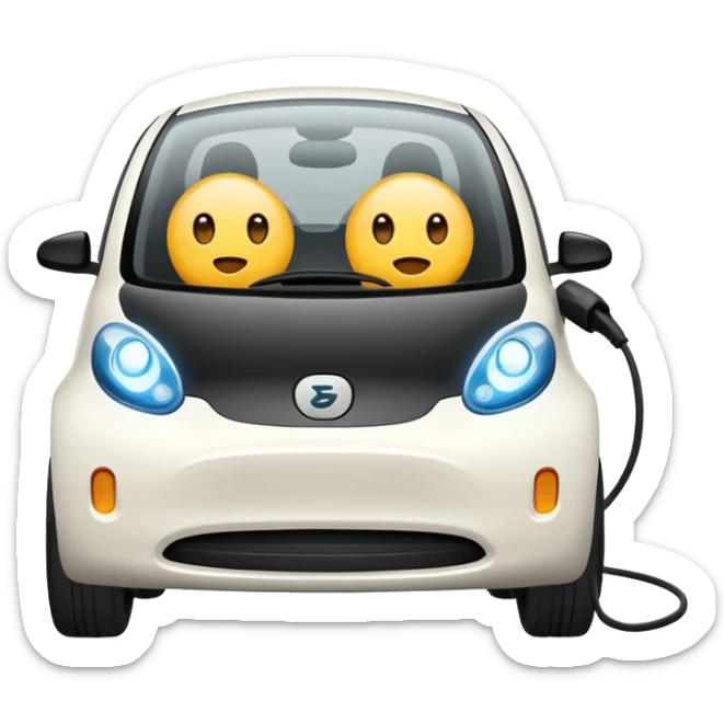 Cute electric vehicle with big circular eyes, EV charger to the right, emoji style sticker