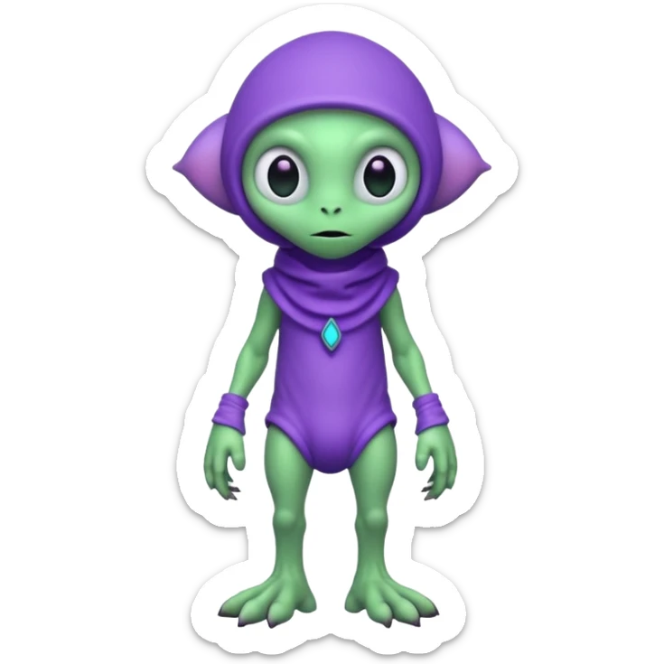 full body cute roughly humanoid peacefull alien furry with 2 legs and eye stalks stands upright and looks intelligent ...wears clothing. not green..looks happy and cudly... has 3 eyes...the alien has 3 eyes....it has an extra eye on single stalk on top of head sticker