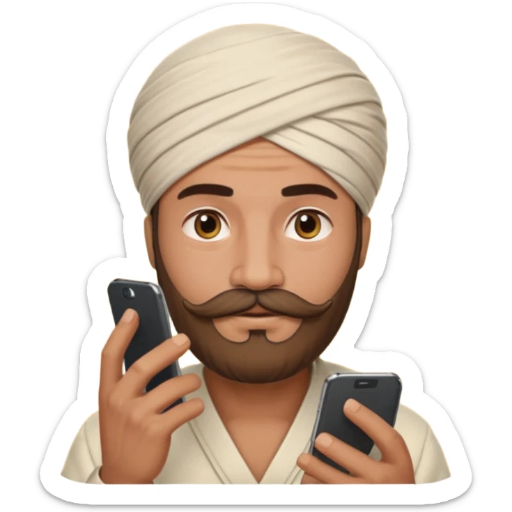 A man wearing imama sharif (traditional turban), with a beard and moustache, using a smartphone. The man looks focused while using the mobile. Realistic emoji-style illustration with soft lighting and warm tone sticker