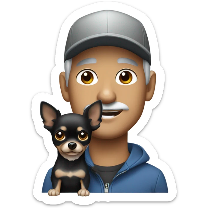 man with blue eyes gray hair gray goatee in ball cap holding black longhair chihuahua  sticker