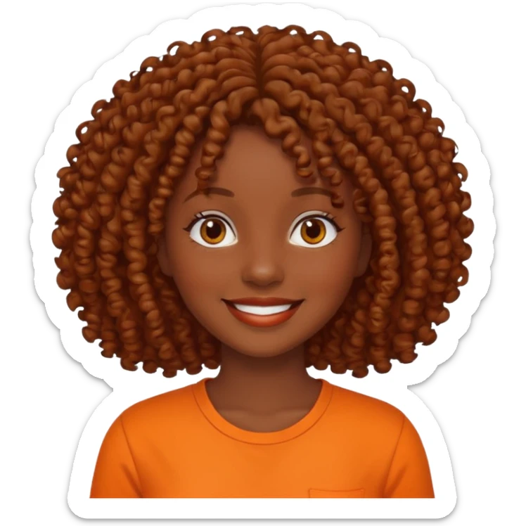 dark skinned woman with curly brown hair and orange shirt sticker