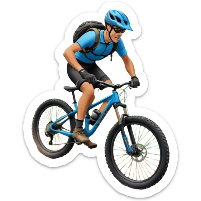An icon featuring a mountain bike with thick tires on a rugged trail. A cyclist in a helmet rides downhill, kicking up dust. The background showcases a breathtaking mountain landscape with green slopes, rocky peaks, and a bright blue sky. Transparent background emphasizes adventure and speed sticker