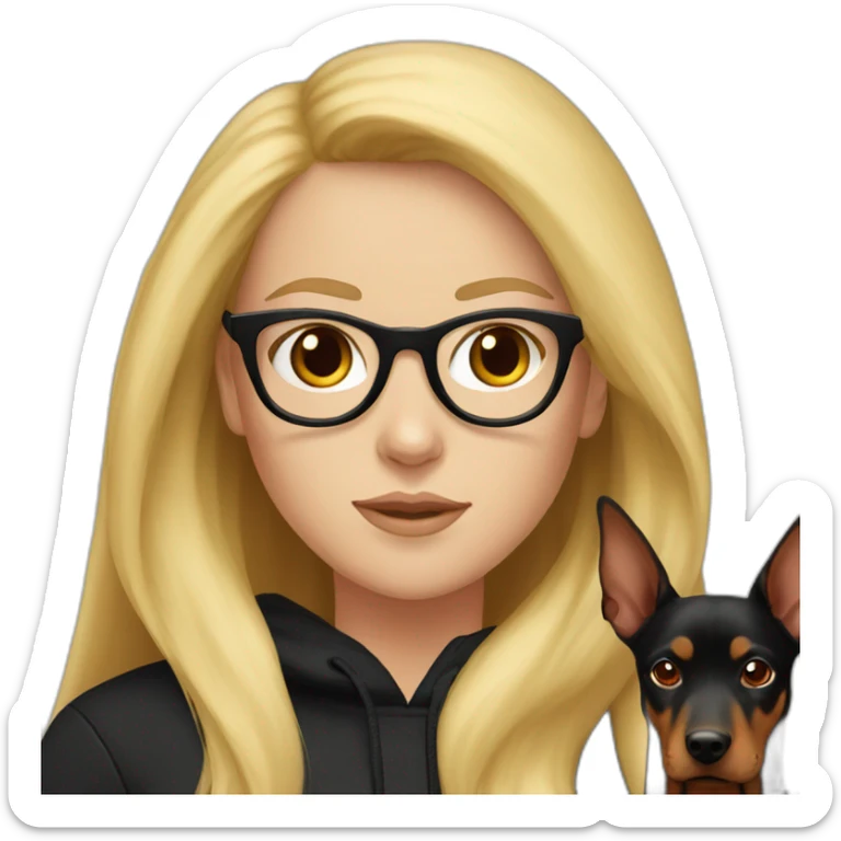 white girl with glasses and long blonde hair and black hoodie and a red doberman sticker