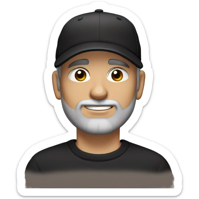 An adult white skin portrait of male with stubble and a slightly gray beard, brown hair, black eyes, wearing a black Reebok cap with a round emblem on his head, and a black sweater. sticker