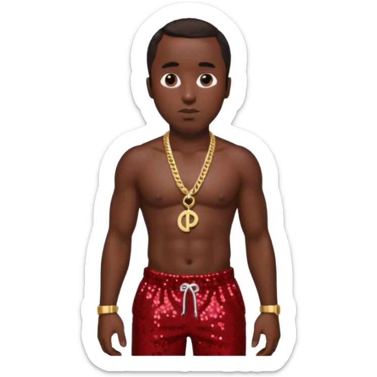 P Diddy with dark brown hair, dark red sequin baggy pants, shirtless with necklace sticker