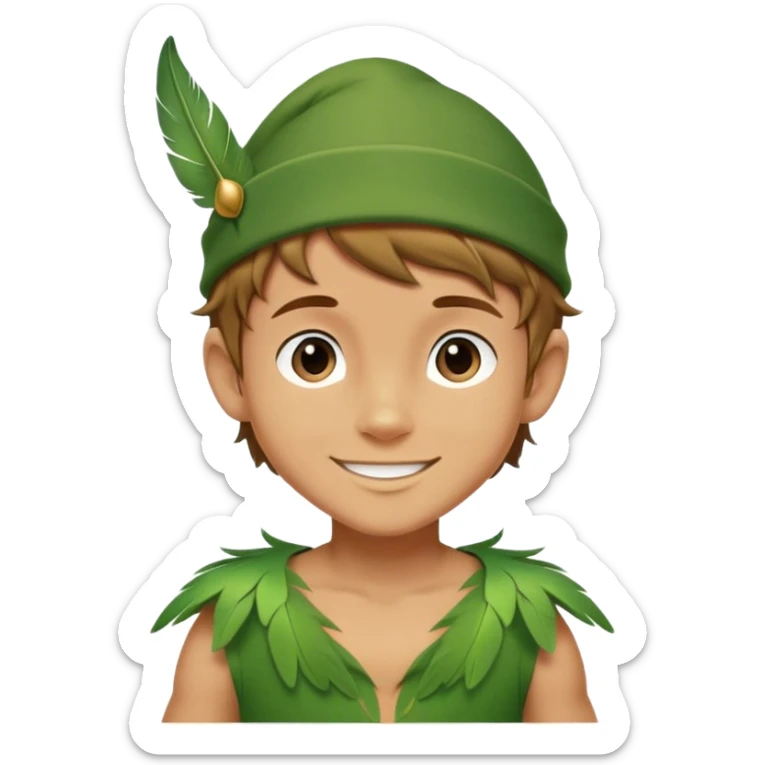 Cinematic Realistic Peter Pan Portrait, depicted with lifelike, youthful skin touched by a gentle sun-kissed glow. His bright, expressive eyes and confident smile evoke a timeless sense of wonder. Dressed in his iconic green tunic and feathered cap, every detail is rendered with soft, natural lighting that highlights his blend of innocence and courageous spirit. sticker