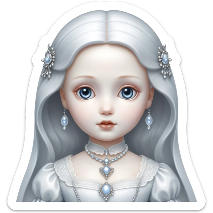 Cinematic, sitting, Ultra realistic 32k HD, hauntingly beautiful porcelain doll, Balanced features, highly detailed, glowing with silver light, high shine, remembrance, a painting of white silver, fanciful, enchanting, ghostly. The image is so lifelike it could leap off the canvas at any moment sticker