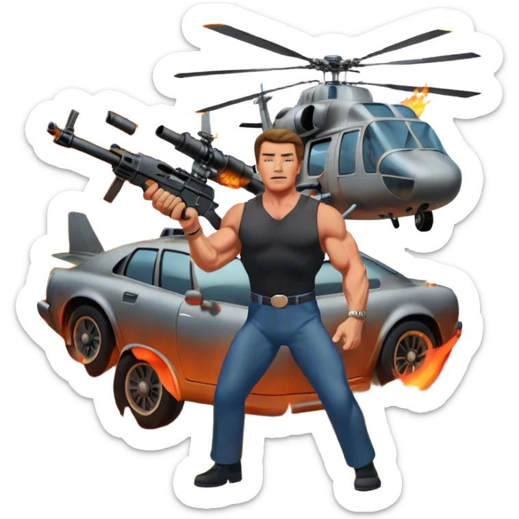 Icon for Action Movies: Arnold Schwarzenegger in the lead role, in an intense action pose with weapons, explosions, a car and helicopter flying out of flames in the background. The design should capture the explosive energy and heroism of classic action films. Transparent background. sticker