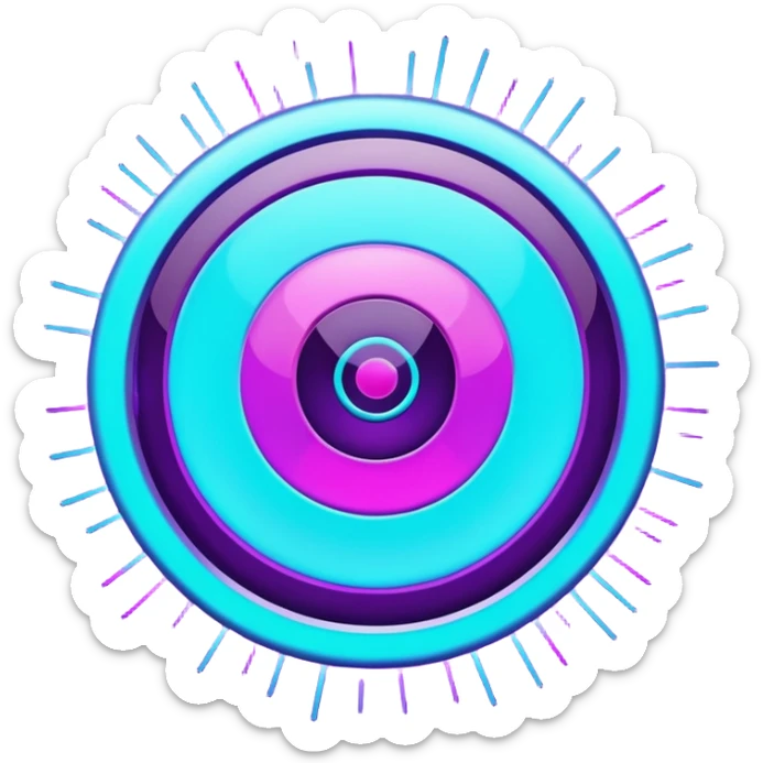 Futuristic glowing bullseye target emoji, neon purple and cyan holographic glow, dark background, digital tech style, abstract sparkles, no face. sticker