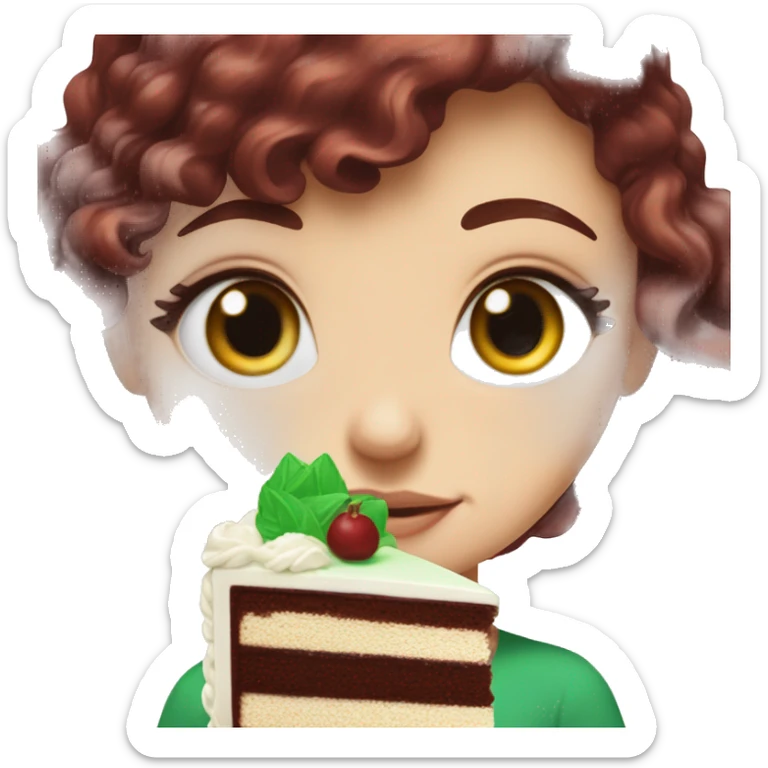 a white girl with burgundy wavy hair and black eyeliner and green eyeseating a huge piece of chocolate cake  sticker