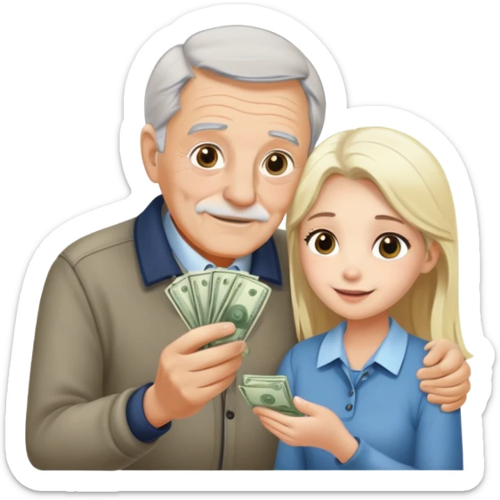 Kind elderly grandfather with gray hair giving money to a pretty blonde young woman who needs financial help, supportive family moment sticker