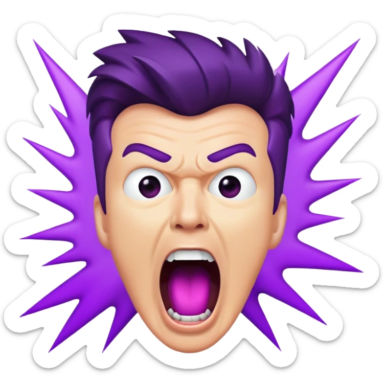 Rick Astley screaming with his mouth open so wide it takes up his own face and the entire picture including Rick Astley is purple and a staticky type sticker