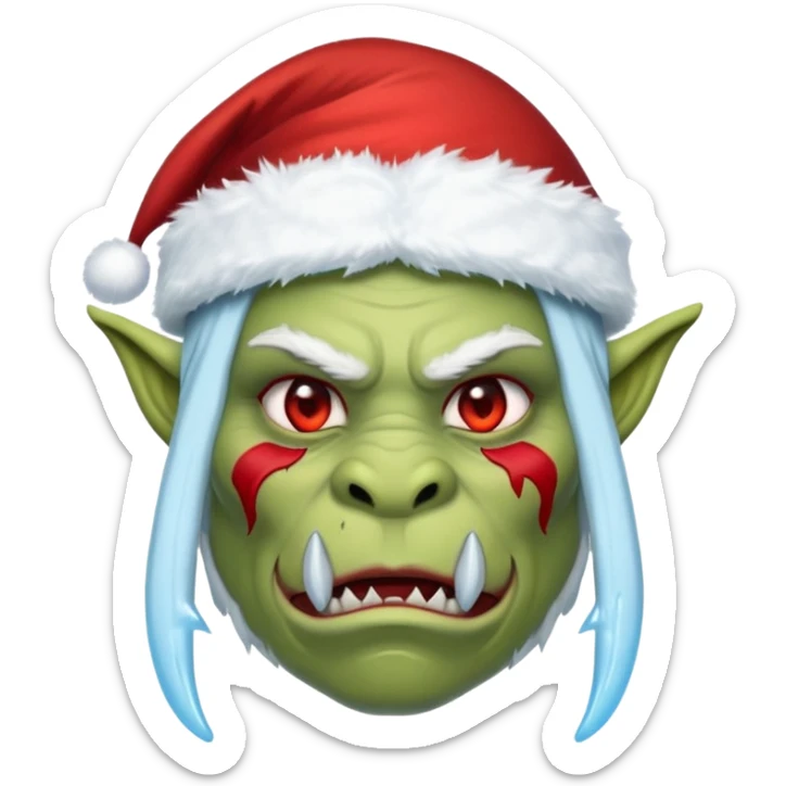 Fantasy orc emoji portrait, Santa Claus hat stretched around tusks, tusks covered with ice and crimson frost cracks, cold predator expression, winter hunt atmosphere, minimal clean emoji design, female variant
 sticker