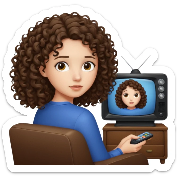 A girl, brunette with curly hair down to her shoulders, watching TV.  sticker