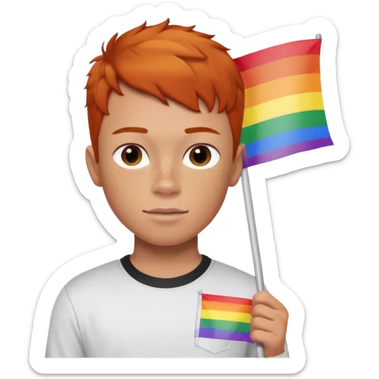 A gay, ginger, young, freckled, boy with a shirt with the name JUDE on it in red marker, holding a pride flag sticker